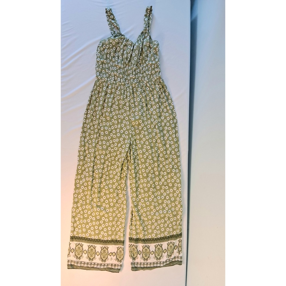 Boho Maurices Floral Wide Leg Jumpsuit Womens Medium Green Daisy‎ Smocked Ruffle